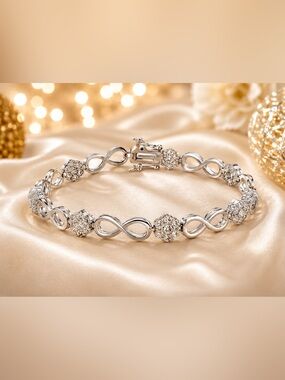 Diamond Accent Infinity Link Bracelet Silver Tone 7” Elegant Sparkle